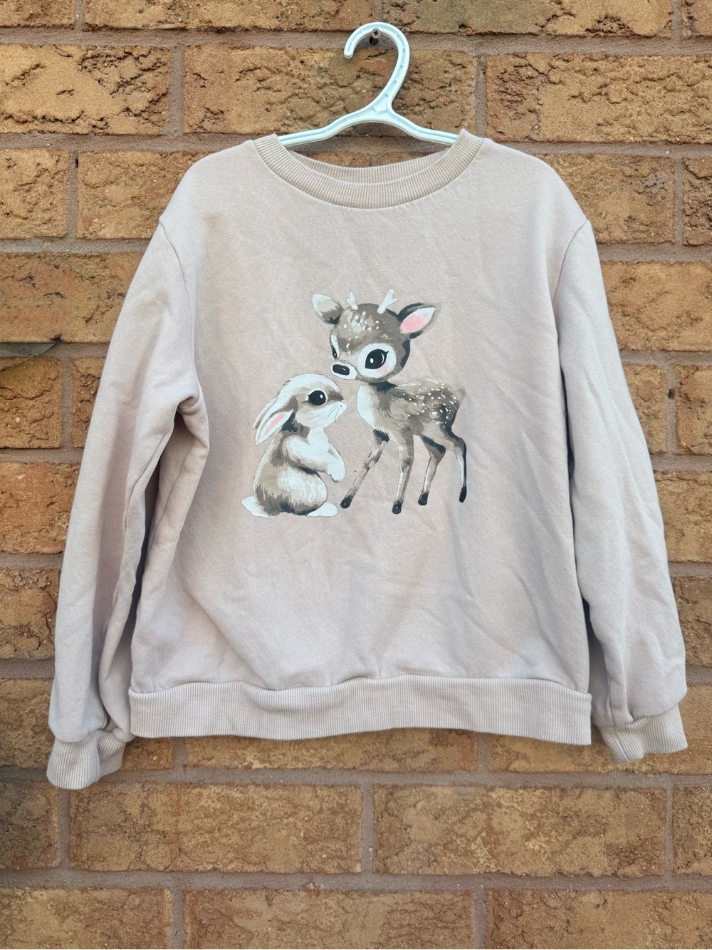 🌿4/$25 • H&M Beige Crewneck Sweatshirt with Deer & Bunny Graphic